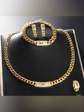 Gold-stainless steel Tone Cuban Link Necklace, Bracelet and Earring Set